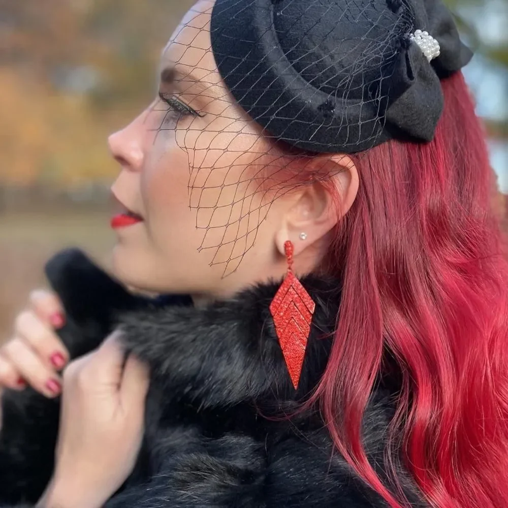 Red with Ruby Red Crystal Rhombus Banquet Chandelier Dangling Post Back Earrings